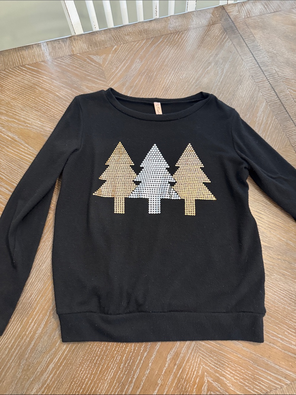 Black Women's Crewneck Sweater with Gold & Silver Christmas Tree Studs